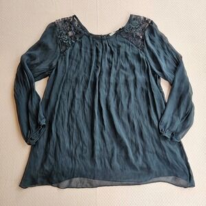 Nicole Italy Silk Lace Blouse Dark Teal Green Babydoll Tunic Top M Flowy Fairy